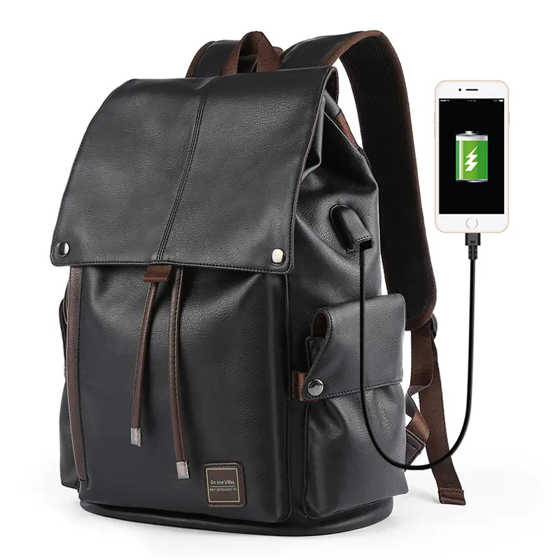 Mochila escolar impermeable con cordón para hombre, morral de cuero de diseño Original a la moda, negra, para viaje