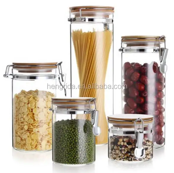 Jarra de almacenamiento de vidrio para té/café/comida saludable, hecha a mano, con Clip de Metal, frascos de vidrio, tapa de bambú, preservación de frescura
