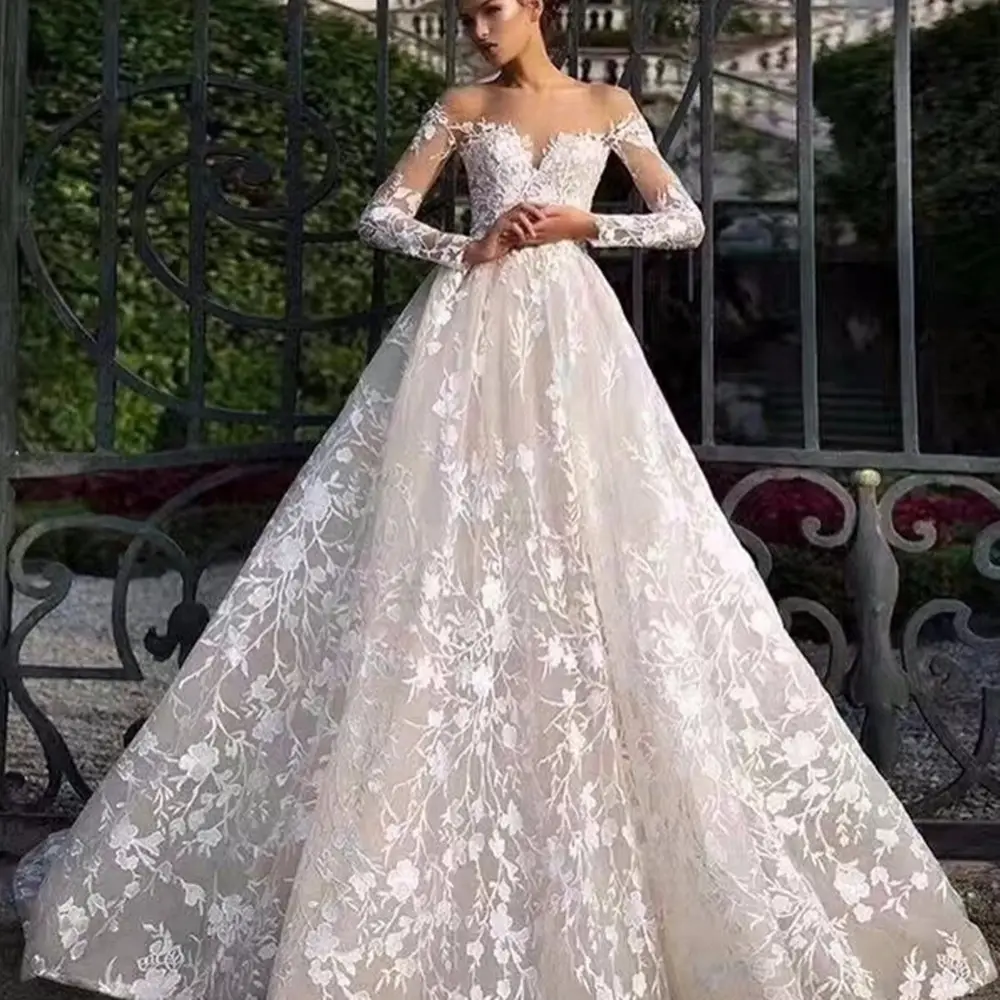 레이스 신부 가운 이슬람 신부 드레스 긴 소매 웨딩 드레스 브랜드 아프리카 신부 웨딩 드레스 볼 가운 웨딩 드레스