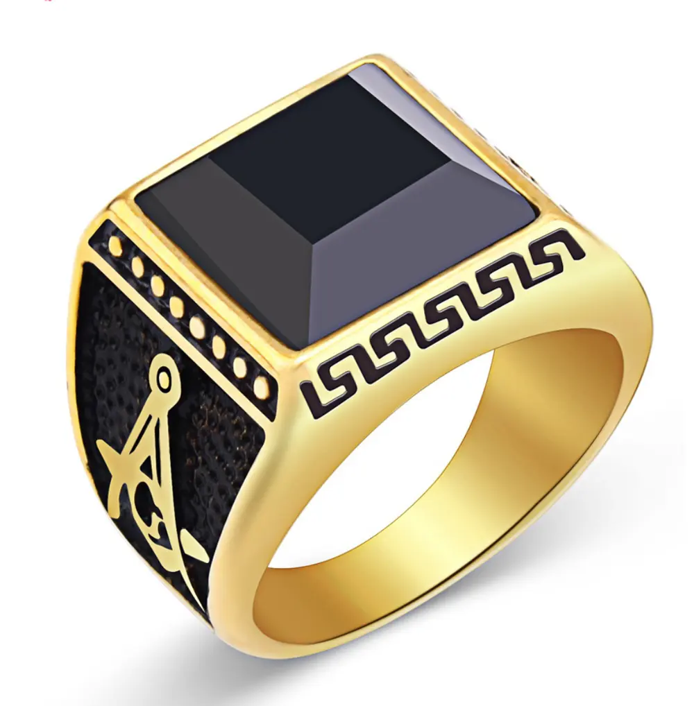 Valentine's day Gift Gold Plating 316L Stainless Steel Casting Ring Jewelry Black Stone Masonic rings