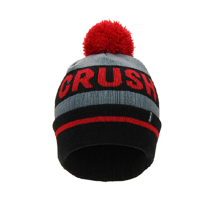 New Custom winter ricamato logo bobble cappelli berretto lavorato a maglia acrilico all over print beanie hat con pom pom