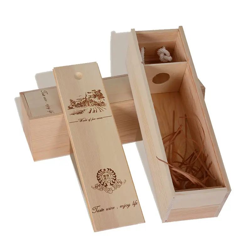 One bottle raw wood custom wine packaging box with slide lid