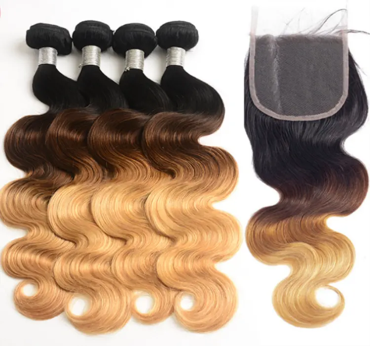 3 pacotes de cores 1b 4 27 ombre, loira lisa cabelo brasileiro 3 pacotes com parte livre renda fecho dourado cor do cabelo loiro