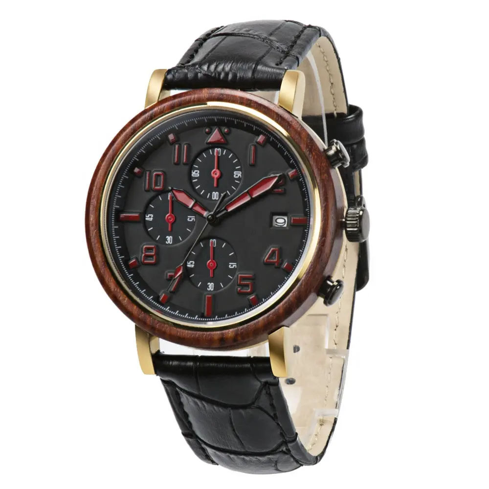Groothandel legering metalen rood sandelhout case horloge logo custom lederen band horloges met 3ATM waterdicht horloge