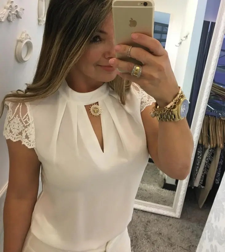 Blusa femenina informal de encaje con agujeros para oficina, camisa Sexy color liso para mujer, talla grande 5xl, 2023