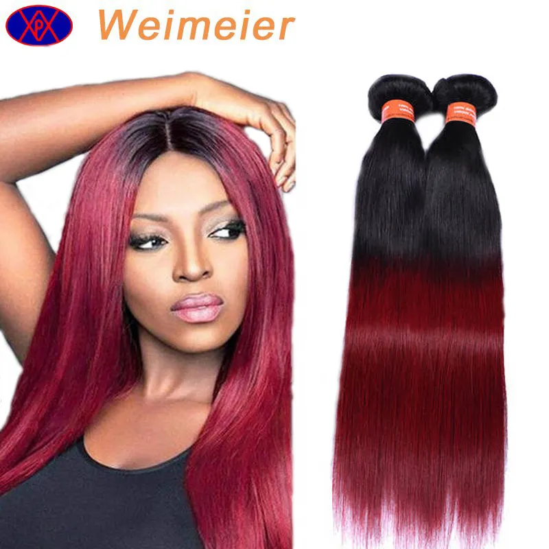 1b Dois tons de vermelho vinho cabelo liso durável cabelo tece feixes de cabelo humano em linha reta trama