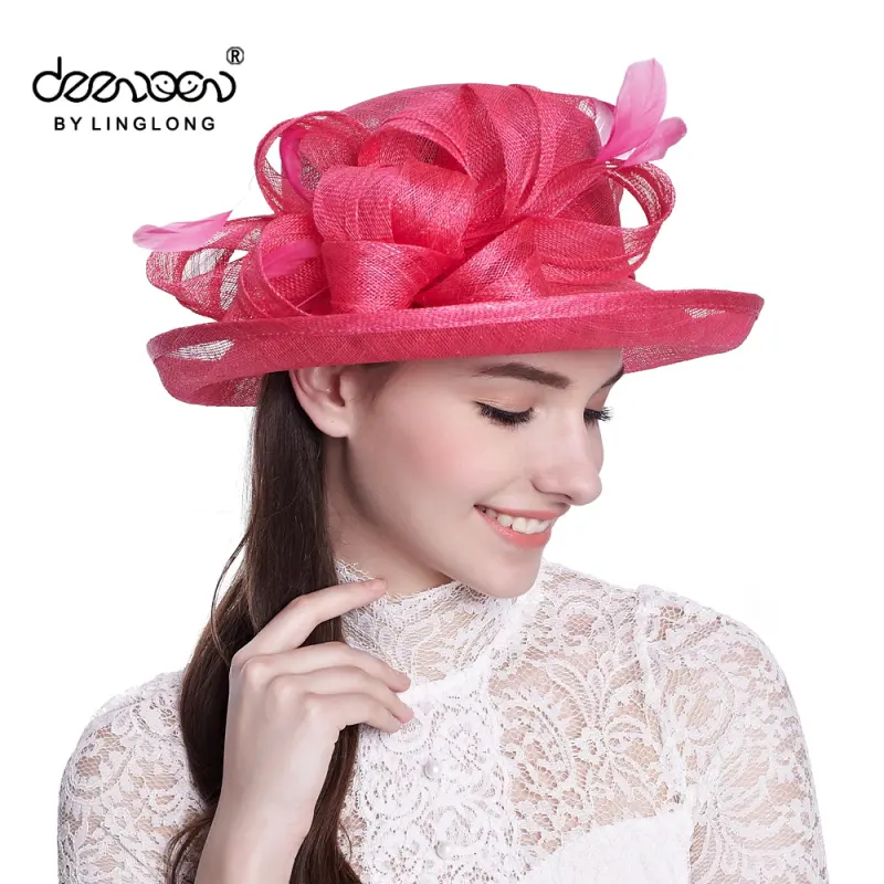 Cappelli da chiesa Sinamay da donna cappelli da cerimonia rosa per donna immagine da adulti da donna tinta in tinta unita con Logo personalizzato cappelli da festa rosa rosso lungo