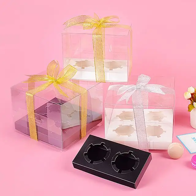 Cupcake caixas com janela alças atacadas embalagem de presente para festival casamento 2 copos bolo