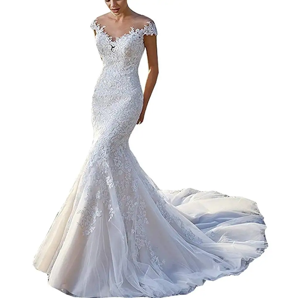 Semplice Bianco Piena Del Merletto Appliques Offerta Spalla Della Sirena Abiti Da Sposa Illusion Torna Sweep Treno Vestido de Novia 2020 Più Nuovo