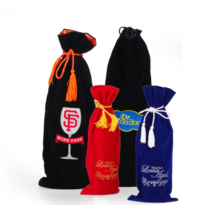 Logotipo personalizado Tamanho Velvet Wine Bottle Embalagem Drawstring Gift Bag Atacado