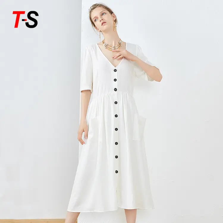 Latest modern white short sleeve elegant Linen Cotton women dress