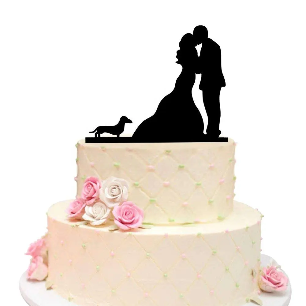 Acrilico Silhouette di Fidanzamento di Cerimonia Nuziale Cake Topper/Sposa Sposo Del Cane Della Torta Topper