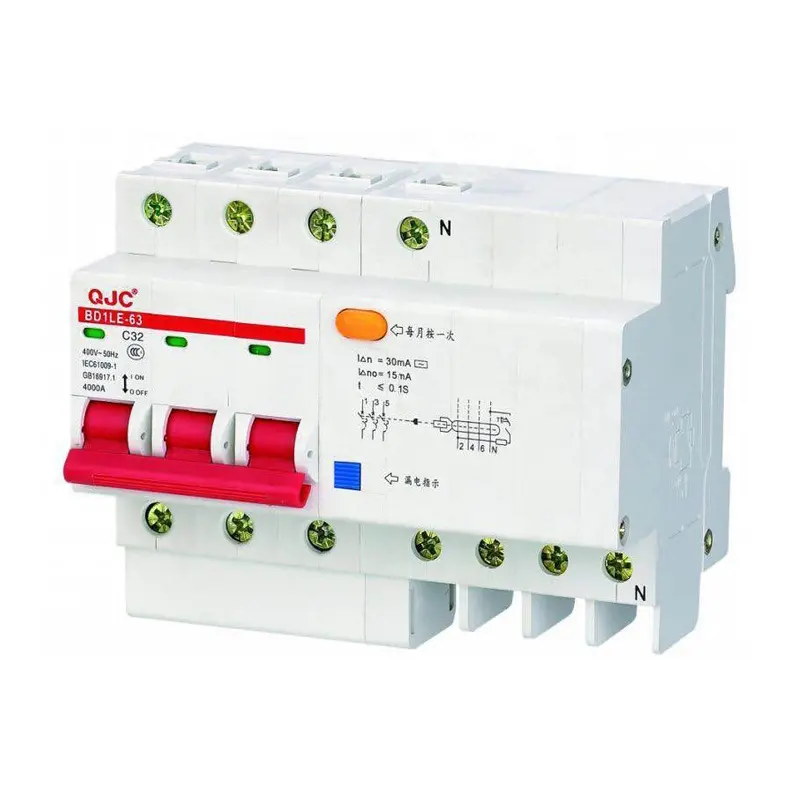 Qjc Fabriek Oem Odm BD1LE-63 32a T Type 3P + N Resterende Stroomonderbreker Mcb Elcb Rcb Rccb Rcb