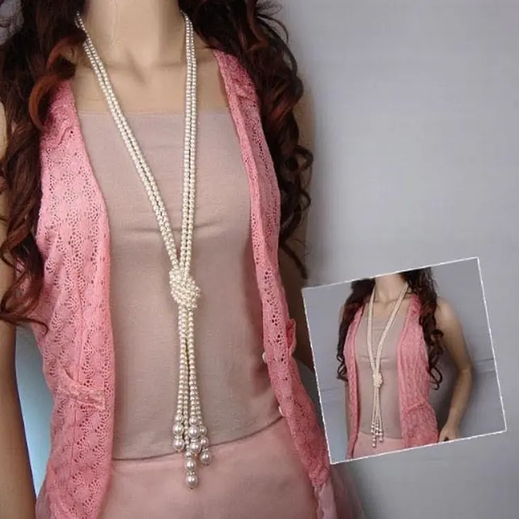 Commercio all'ingrosso multi-strato annodato perla della catena del maglione collana lunga