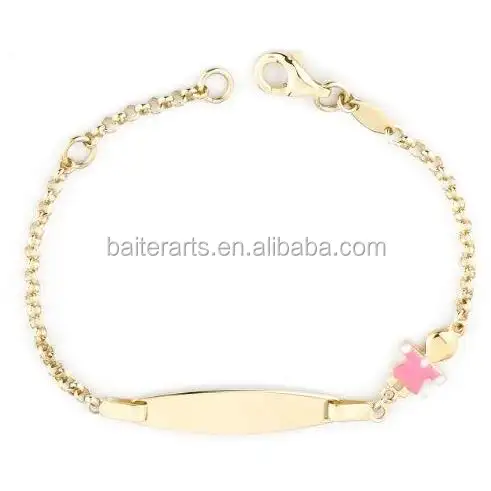 Pulseira de prata esterlina 925 banhada a ouro amarelo, etiqueta de identificação personalizada, pulseira de esmalte para bebê/meninas