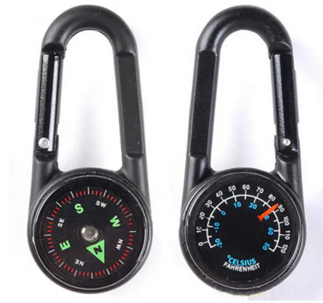 Pabrik Murah Multifungsi Mendaki Logam Carabiner Mini Kompas Termometer Gantungan Kunci