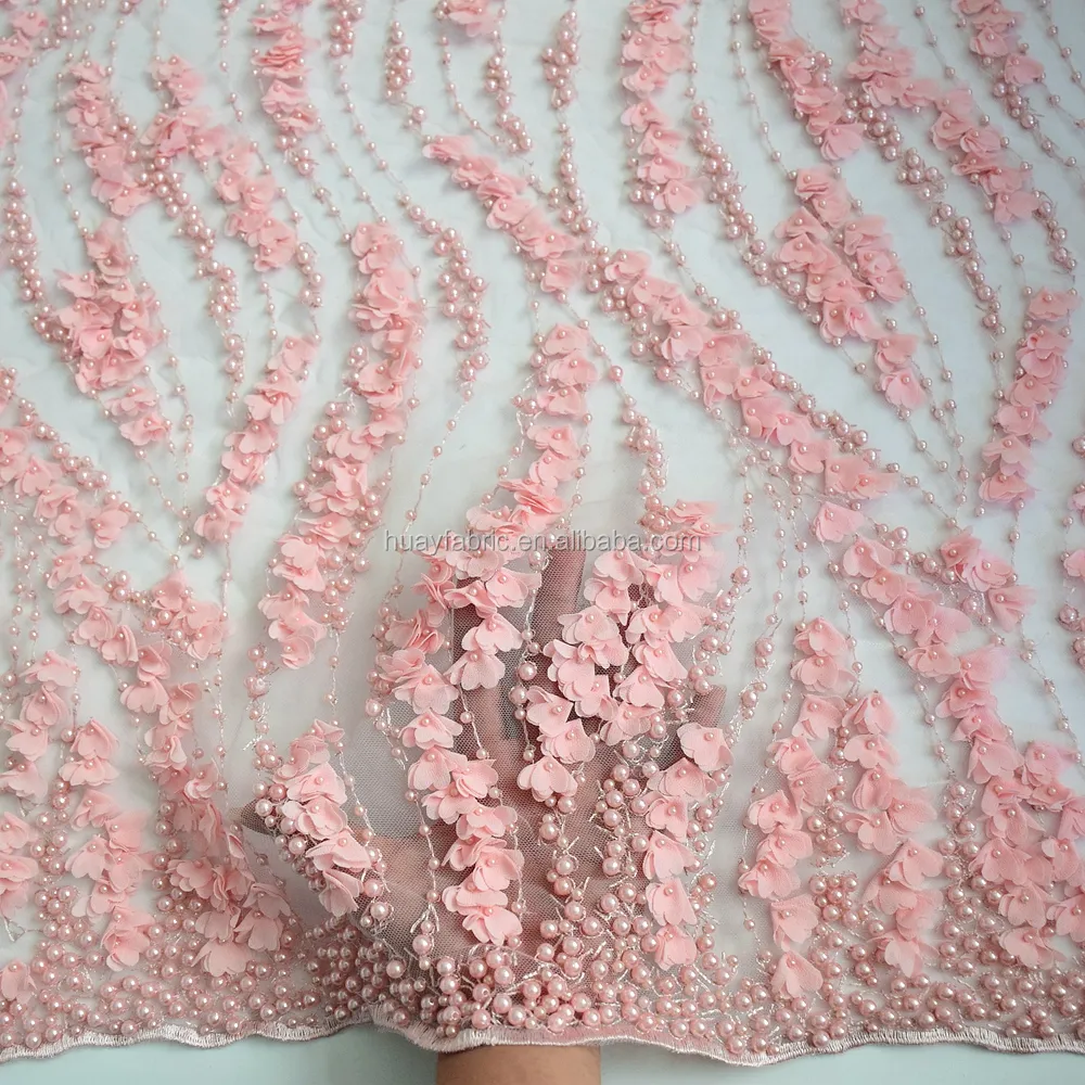 Tissu en dentelle perlée fait à la main, dentelle française avec cristal, marché à dubaï pour bébé, rose, nouvelle collection 2017