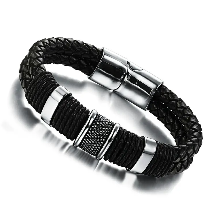 All'ingrosso bracciale in argento intrecciato a mano da uomo in pelle 925 da uomo Street Hip Hop in acciaio inox fibbia magnetica bracciale