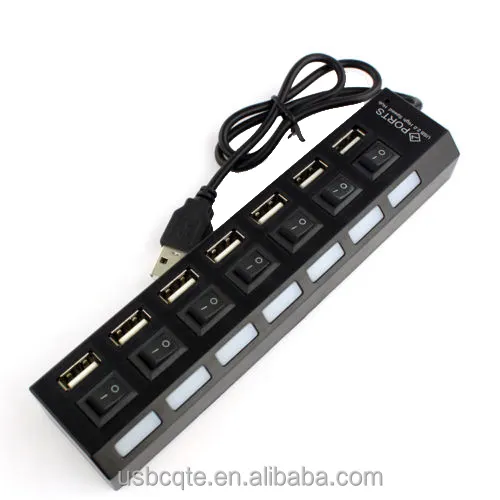 High-Speed 7-Port USB 2.0 Hub with Individual Power Switch and LED Light for Data Transfer and USB Cable Connection