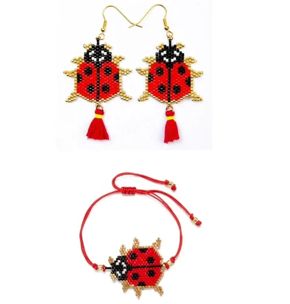 Moyamiya Miyuki Delica Seed Bead Ladybug Beetle Bohemian Woven Jewelry Set Pendientes Pulseras Acero Inoxidable Joyeria