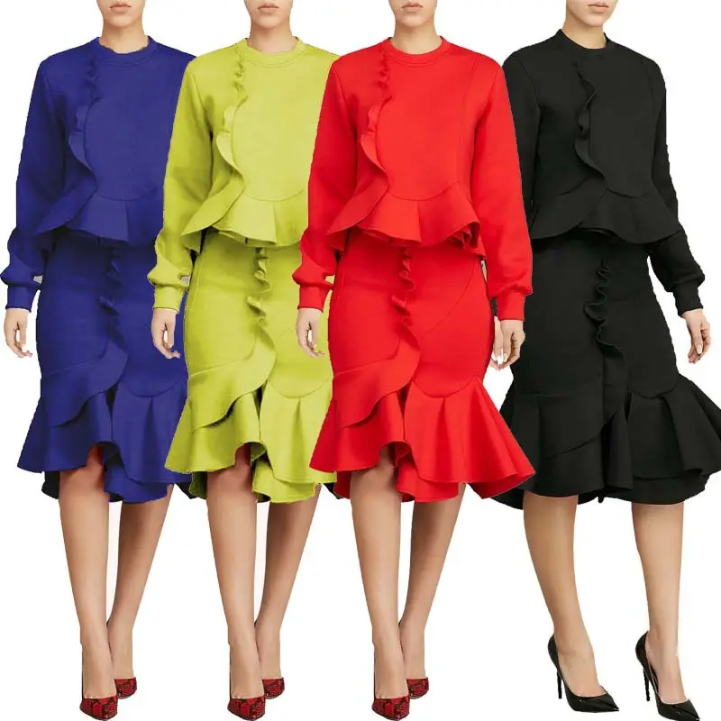 4 Color Ruffles 2 Piece Set Office Lady O Neck Long Sleeve Pullover Top And High Waist Knee Length Midi Skirt Casual EL0238