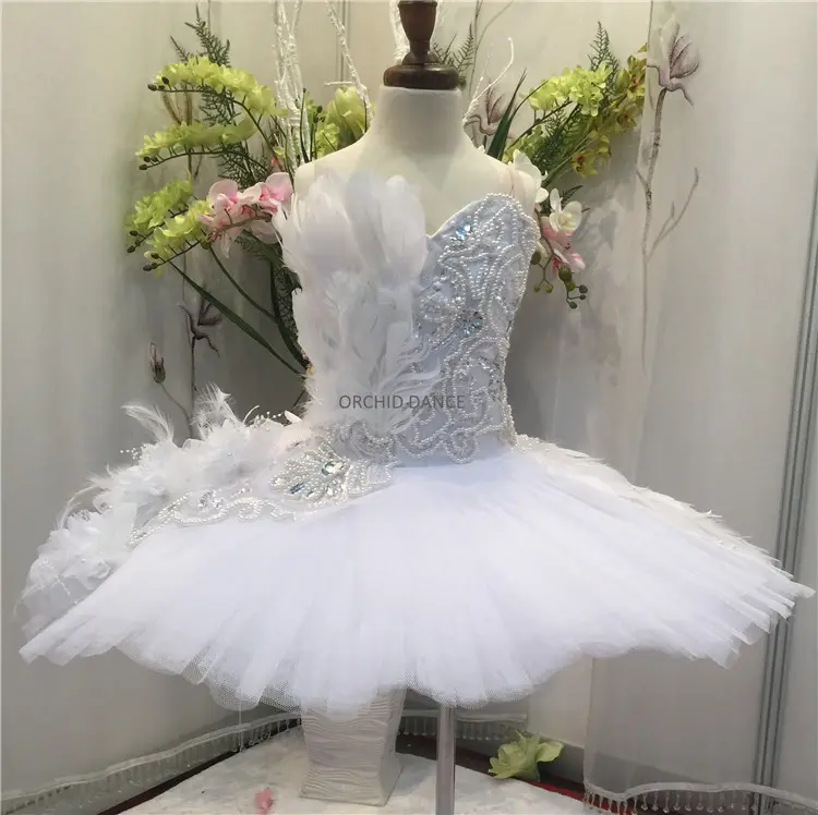 Profissional 12 Camadas Personalizado Adulto Mulheres Cisne Branco Lago Ballet Tutu Vestido com penas