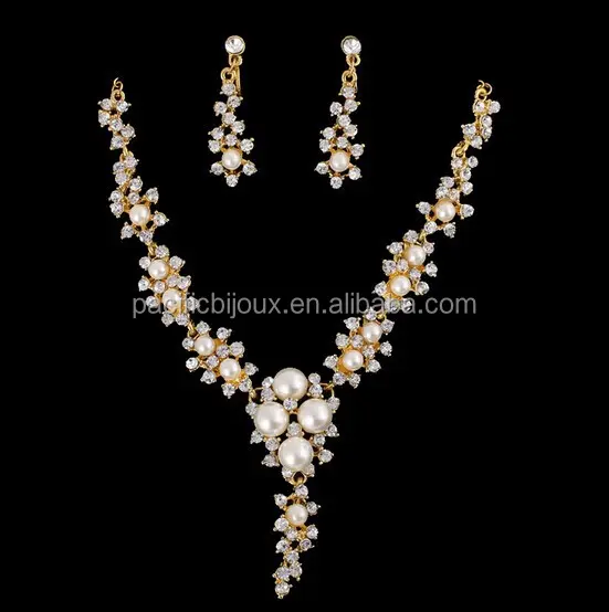 diamante bridal party charm necklace earring jewelry set bijoux gold wedding pearl crystal jewelry set