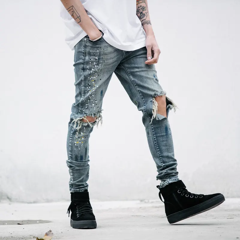 Calça jeans personalizada de alta qualidade, barata, skinny, masculina com design de motociclista