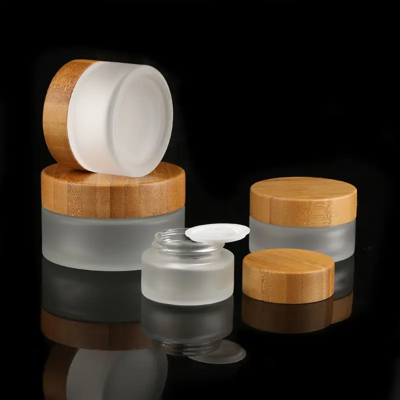 Environmental 5/15/30/50/100ml Empty Eye Cream Glass Container Refillable Frosted Glass Cosmetic Jars With Bamboo Lid