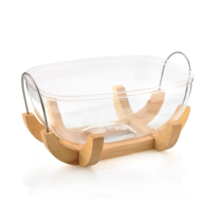 Tigela de salada acrílica transparente, com suporte de madeira