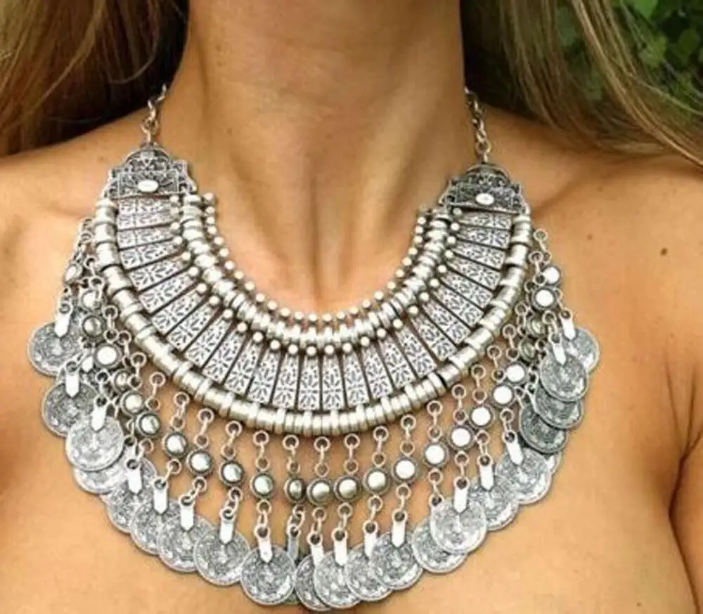 Gypsy Vintage Silber Strand Choker Münze Quaste Bib Aussage Halskette Für Frauen Festival Schmuck