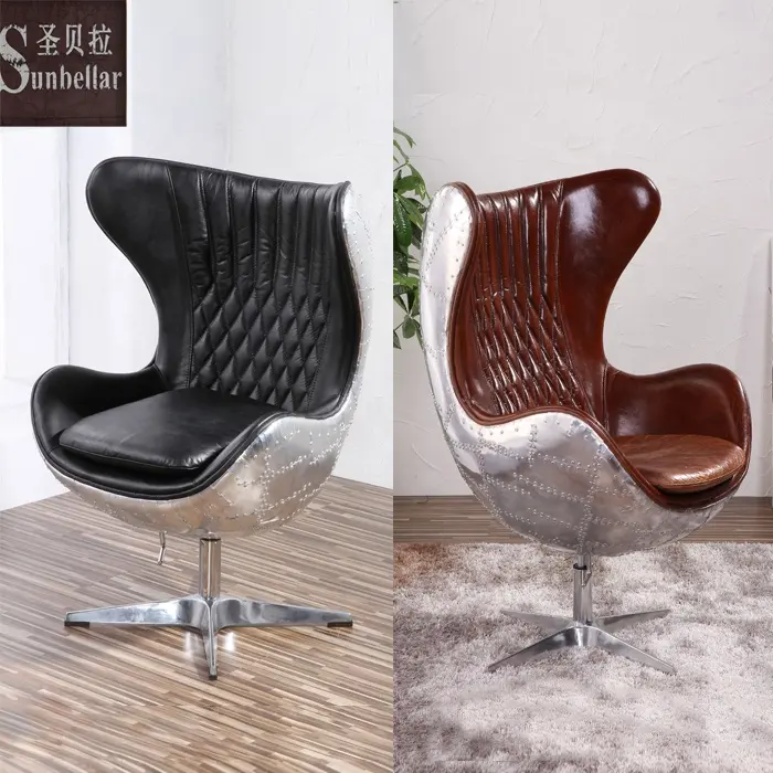 Silla en forma de bola de aviación de estilo vintage, asiento de cuero hecho a mano, diseño de posh, giratorio de aluminio, marrón, silla de cuero