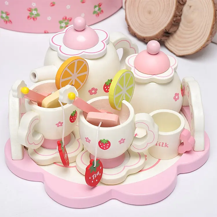 wholesale Simulation Wooden Cardboard Afternoon Tea Toy Garden Strawberry Children wood toy tea set