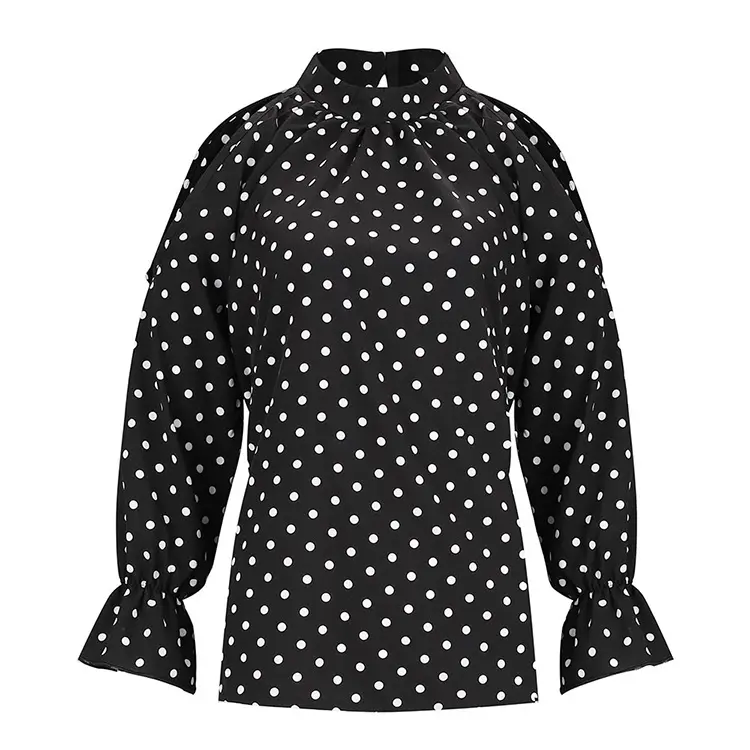 Elegante blanco y negro polka dot imprimir manga larga blusa de cuello redondo para las mujeres