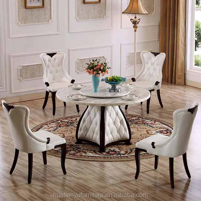 Barato restaurante redondo mármore superior mesa de jantar e cadeiras conjunto para 4 lugares