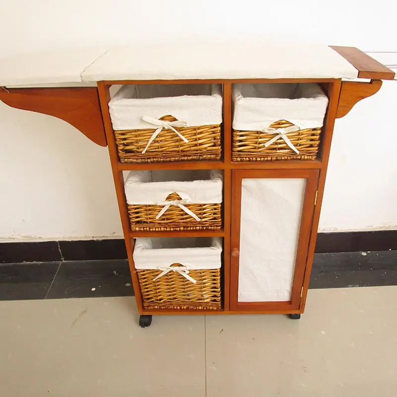 Mueble rústico tabla de planchar plegable de madera con cajones de mimbre y estante para ropa