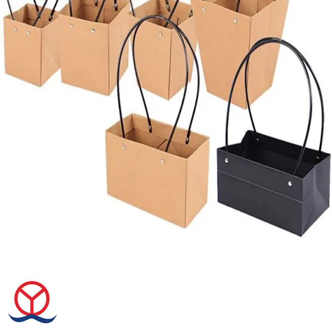 ブーケ包装袋ローズボックス花包装紙ショッピングキャリーバッグ、ハンドル付きクラフトスクエアボトムペーパーギフトバッグ