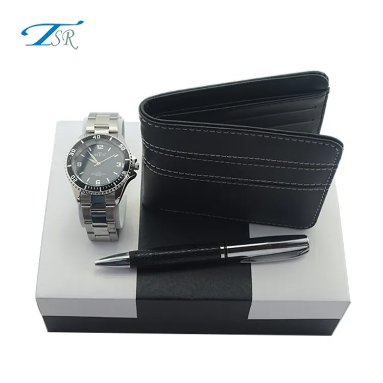 पुरुषों उपहार सेट कस्टम मेड 'फादर्स डे' उपहार घड़ी + कलम + बटुआ + क्वार्ट्ज कलाई घड़ियों