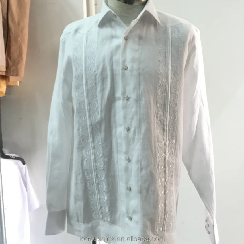 Camisa de manga larga de lino para hombre, camisa de Guayabera con pliegues bordados