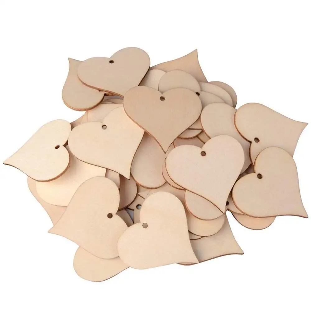 Corazón de amor de madera en rodajas, etiquetas de nombre en blanco, piezas artesanales de madera para proyectos de boda, fabricación de tarjetas (100 Uds., 47mm)
