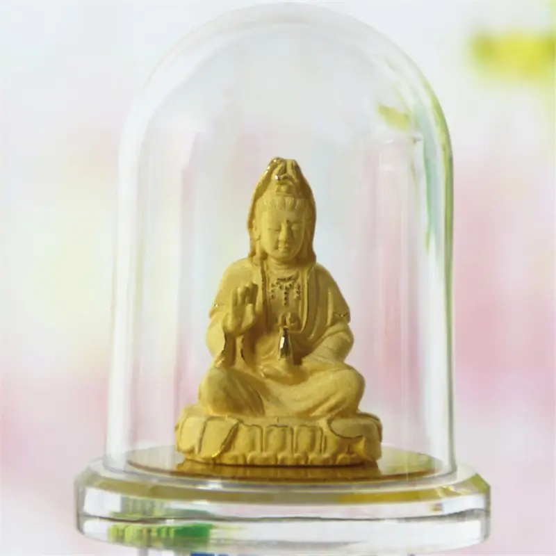 Cinese santo femminile placcato oro statua di buddha di trasporto che si affolla di elaborazione oro alluvionale artigianato dorato figurine con la scatola di vetro