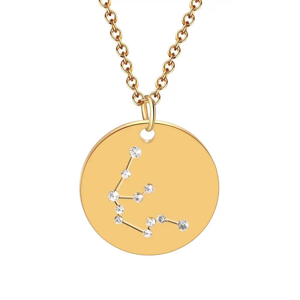 Longway colar zodiac de 12 sinais, colares de aço inoxidável com pingente de disco de ouro para aniversário