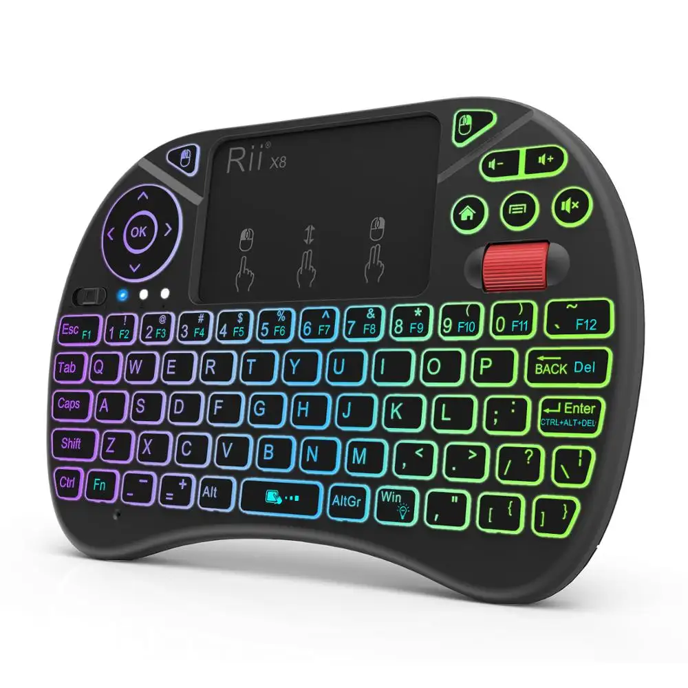 Rii X8 2.4 GHz Mini dokunmatik panelli kablosuz klavye Fare Combo Kaydırma tekerleği, 8 RGB Arkadan Aydınlatmalı, Şarj Edilebilir li-ion pil