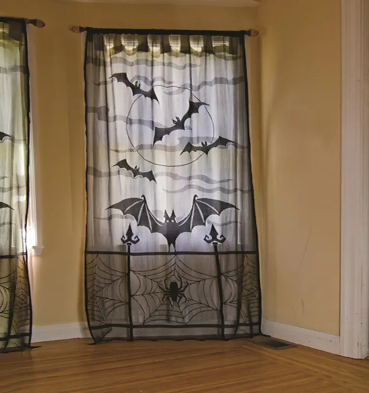 1PCS Halloween cortinas Black Bats Halloween Lace cortina de ventana, Spooky Lace puerta cortina paneles para Halloween ventana
