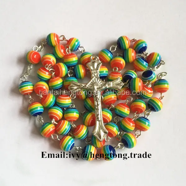 Fashional heißer verkauf Colorful harz rosenkranz legierung kruzifix religiöse perle kette halskette