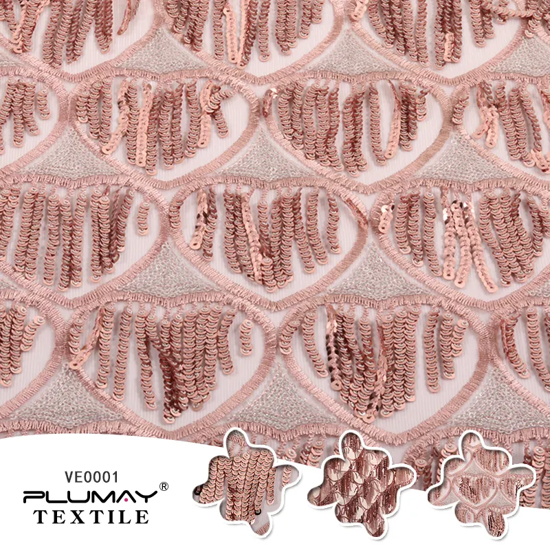 메쉬 패브릭 textile100 % 폴리 에스터 로즈 골드 반짝이 수 놓은 5mm 스팽글 술 드레스 의류 사용자 정의 탄성 패션