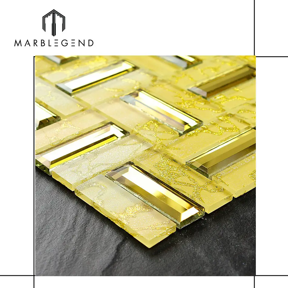 Folhas de azulejo mosaico de cristal dourado, folhas espelhadas de vidro claro amarelo mosaico adesivos