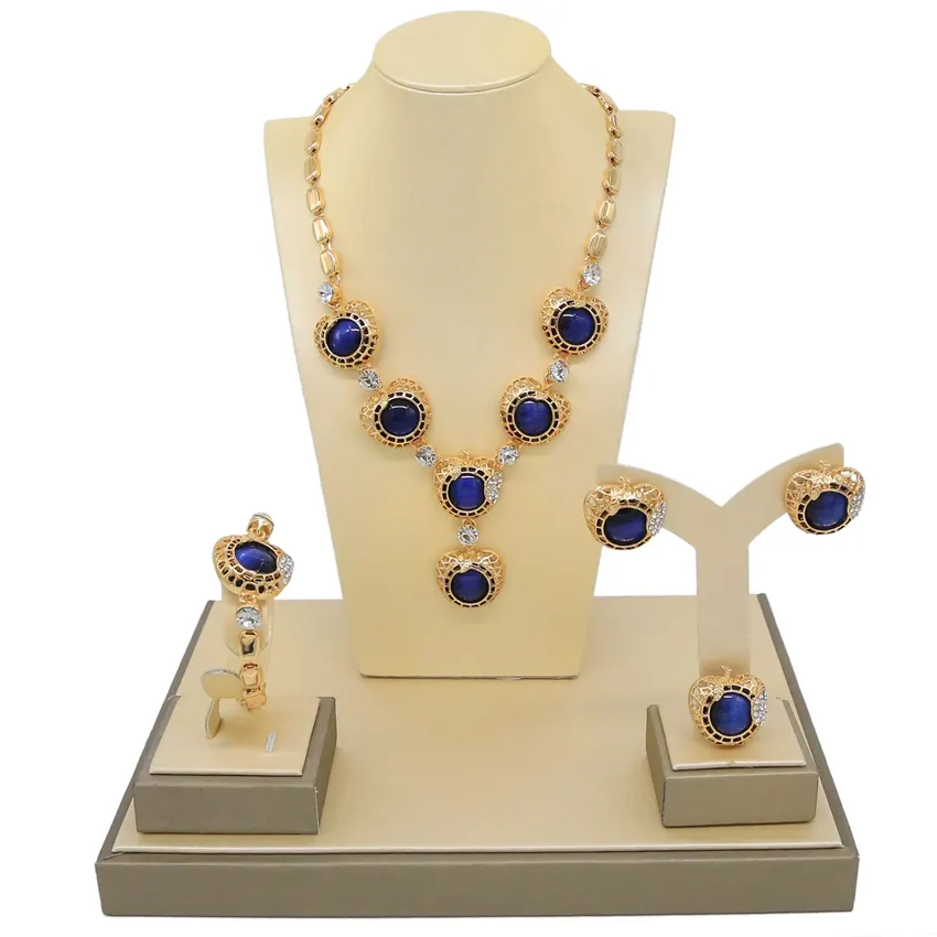 Yulaili ultimi Set di gioielli blu e cristallo Set di gioielli con perle africane da sposa con zirconi di zaffiro semiprezioso