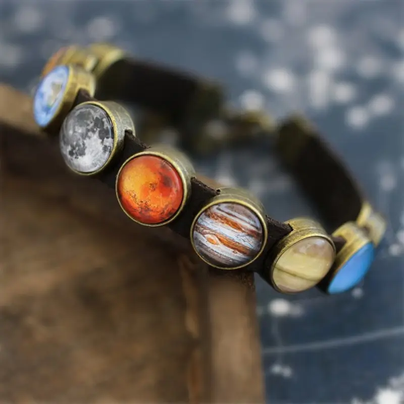 Planet Space Bracelet Leather Planet Solar System Bracelet Space Jewelry Bracelet