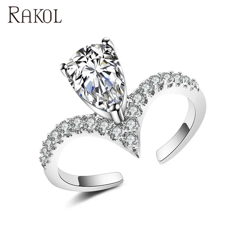 RAKOL RP2036 de plata anillos de boda de cristal de circón anillos ajustable